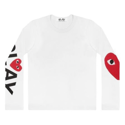 T-shirt blanc CDG Play à manches longues avec grand logo cœur rouge.