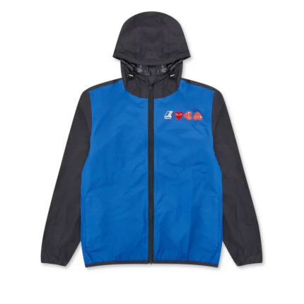 Veste zippée bleue et noire CDG x K-Way pour homme, imperméable et légère.