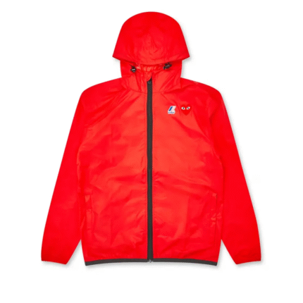 Veste zippée rouge CDG x K-Way pour homme, imperméable et légère.